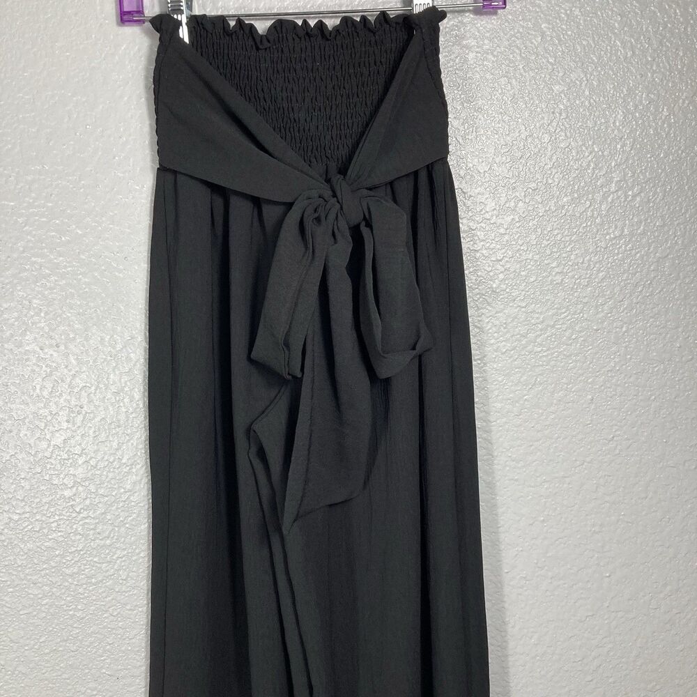 Womens Jumpsuit Strapless Halter Smocked Size M Black Tie Waist Wide Leg Flowy - Picture 9 of 11